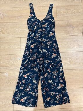 Afends Navy Floral Button-Front Wide-Leg Jumpsuit